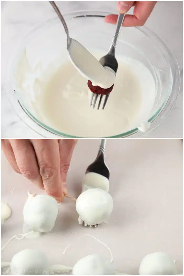 Steps to coat red velvet truffles with white chocolate melts using a fork, spoon, and toothpick.