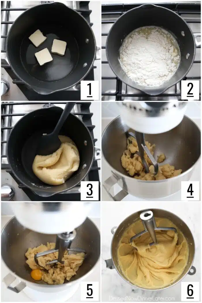 Steps to make cream puffs (pate a choux).