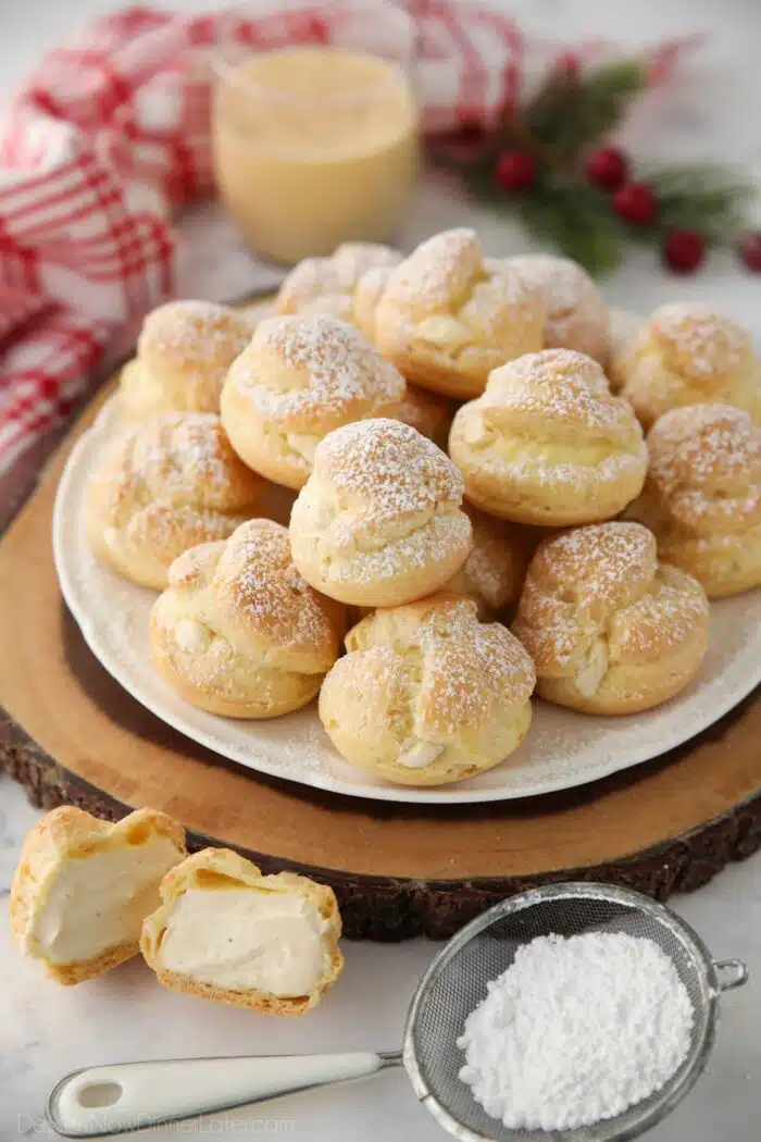 Cream puffs filled with whipped eggnog pastry cream.