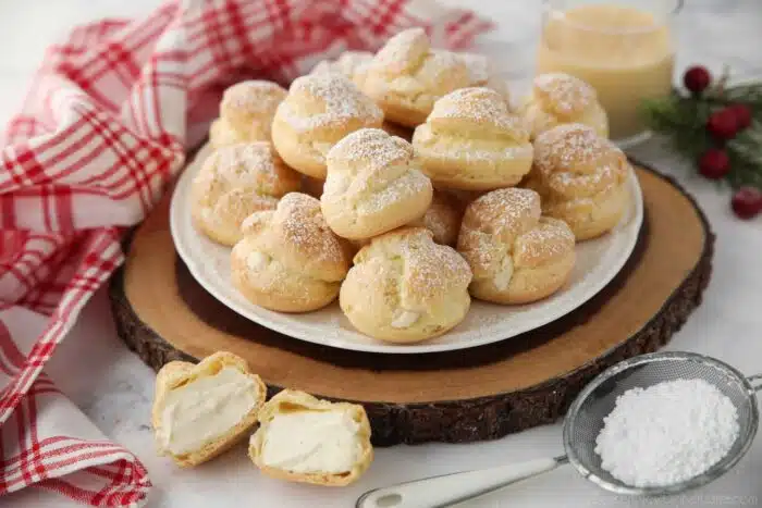 Cream puffs filled with whipped egg nog pastry cream.