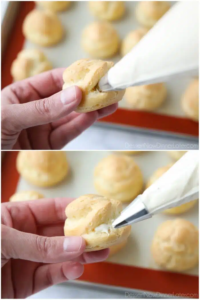 Filling cream puffs with whipped eggnog pastry cream inside of a piping bag.