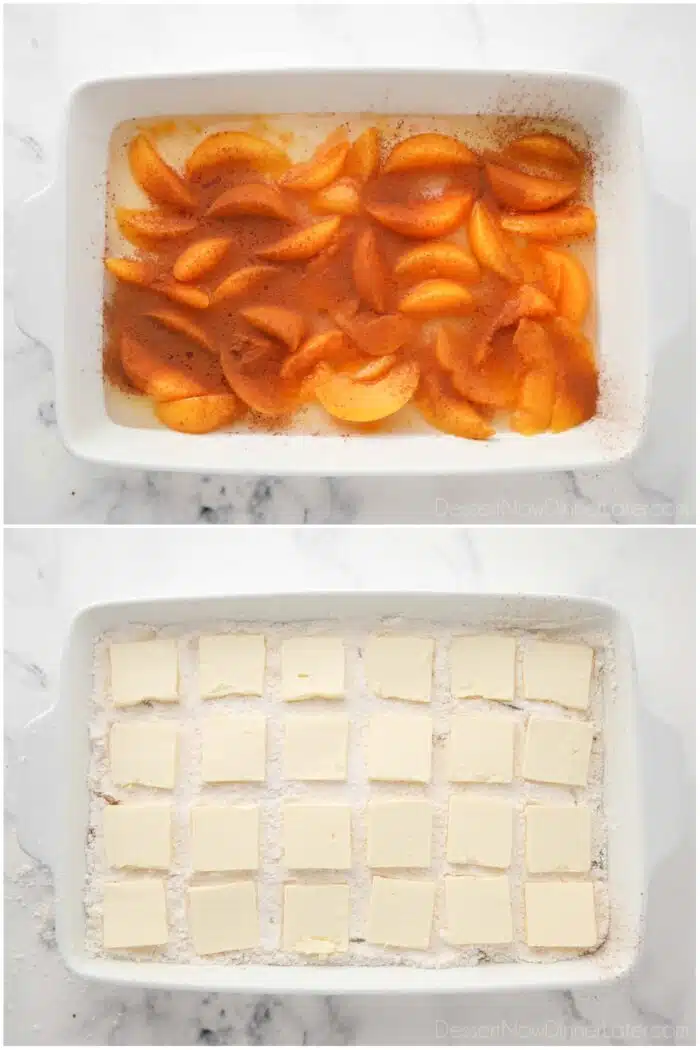 Steps to make peach dump cake (aka peach cobbler with cake mix).
