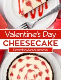 Pinterest collage of Valentine's Day Cheesecake with two images and text in the center.