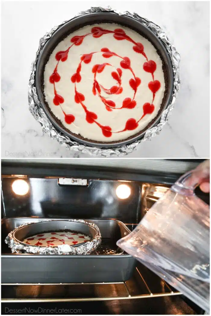 Assembled cheesecake placed inside of a roasting pan with hot water being poured around it while in the oven.