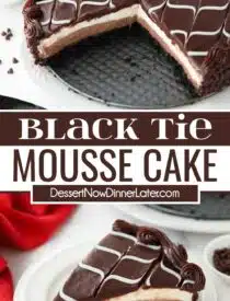 Pinterest collage of Copycat Olive Garden Black Tie Mousse Cake with two images and text in the center.