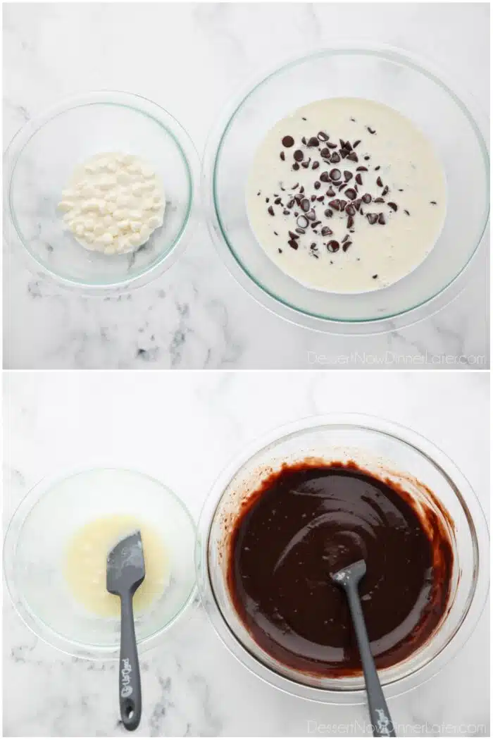 Cream poured over white chocolate chips and semi-sweet chocolate chips in two separate bowls. Then showing results after being stirred separately.