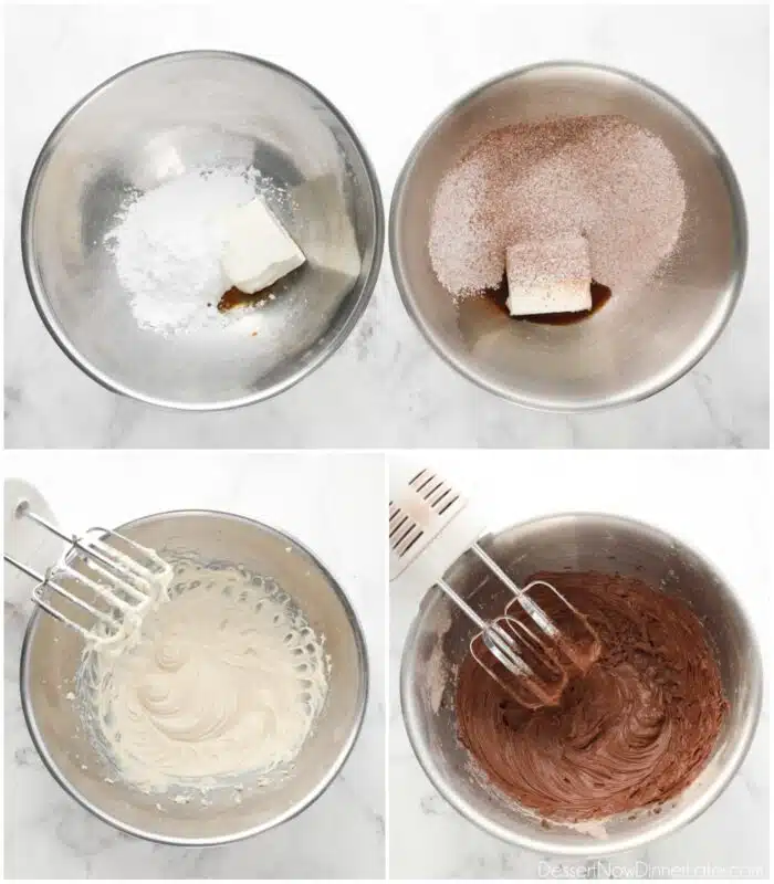 Steps to mix vanilla and chocolate cream cheese in two separate bowls.