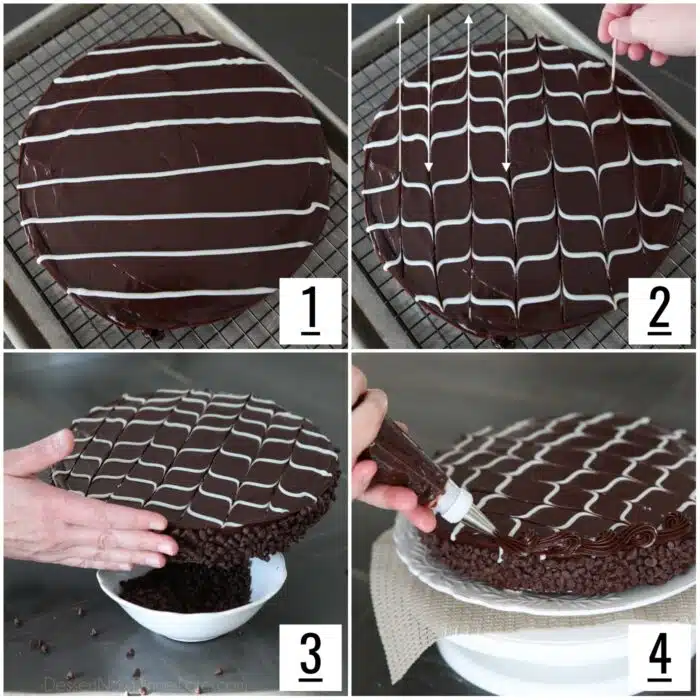 Four images to show steps for decorating the black tie mousse cake with white chocolate swirls on top, mini chocolate chips on the side, and piping along the top edge.