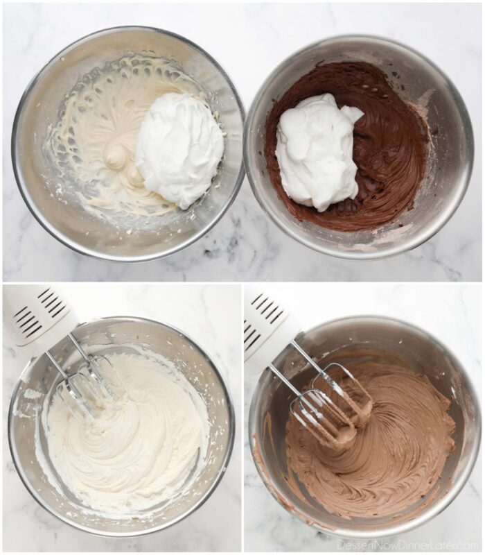 Steps to combine the vanilla and chocolate cream cheese mixtures with the stabilized whipped cream to create mousse.