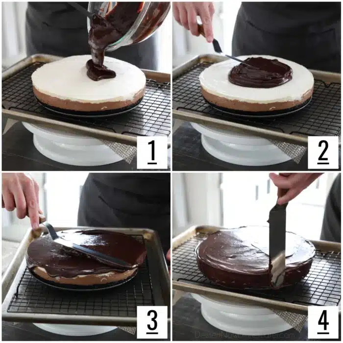 Four images showing how to coat the black tie mousse cake with chocolate ganache.