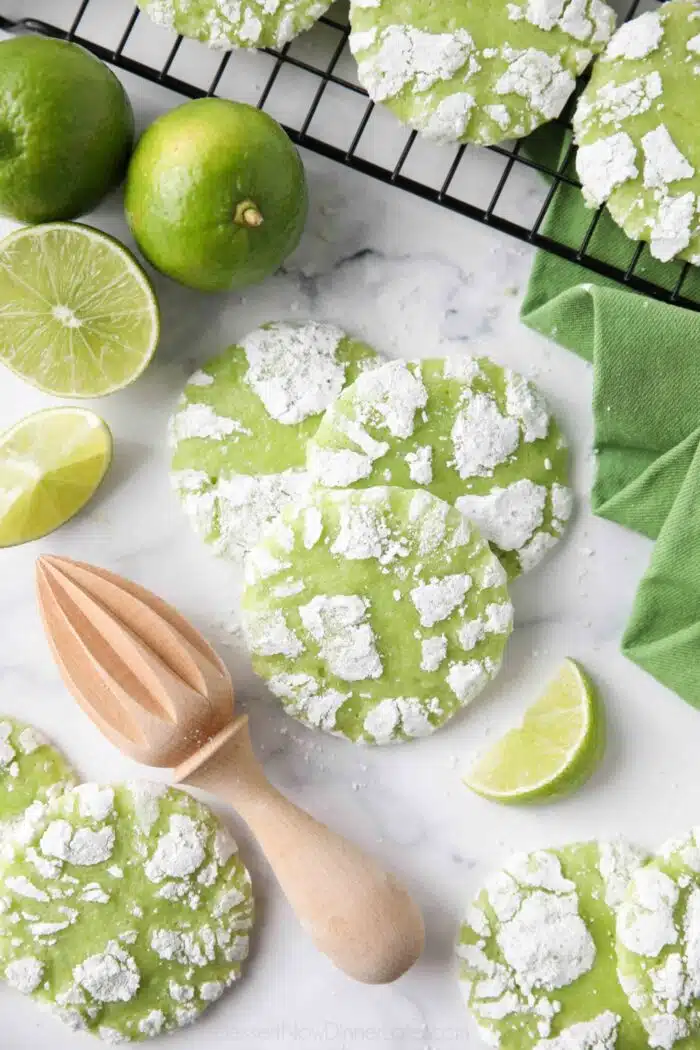 Crinkle-style lime cookies with powdered sugar.