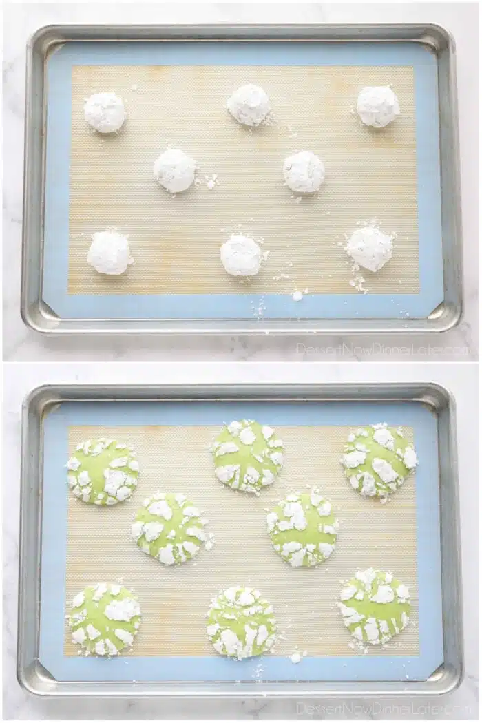 Before and after baking lime crinkle cookies.