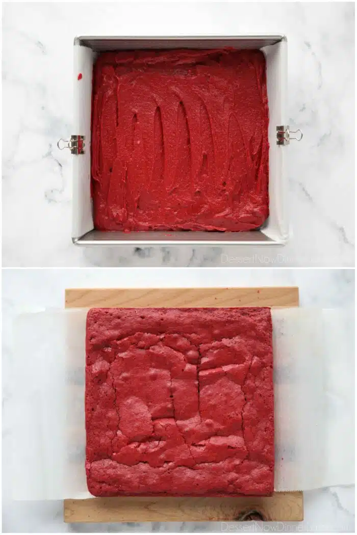 Before and after baking red velvet brownies.