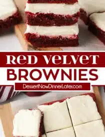 Pinterest collage of Red Velvet Brownies with two images and text in the center.