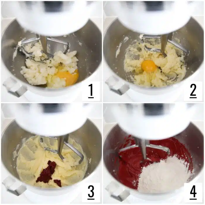 Steps to make red velvet brownie batter in a mixer.