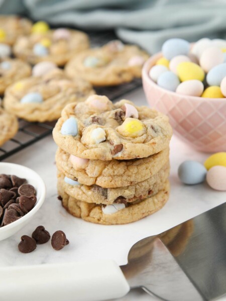 Stack of Cadbury egg cookies for Easter.