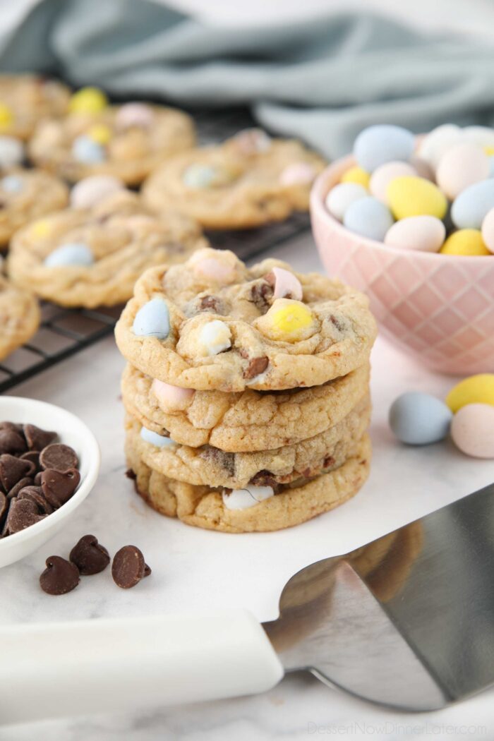 Stack of Cadbury egg cookies for Easter.