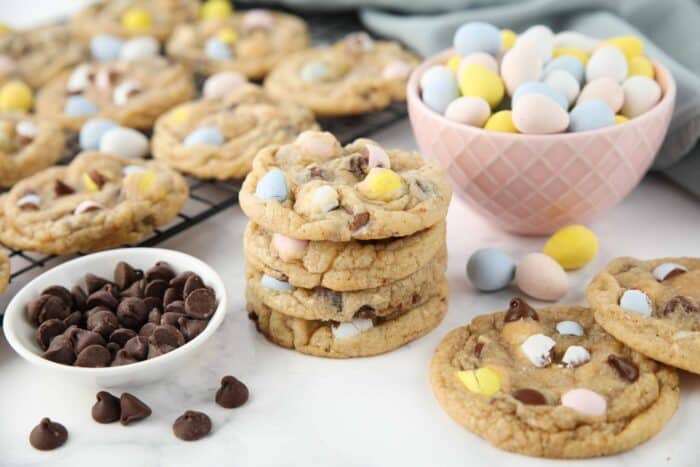 Stack of Cadbury egg cookies for Easter.