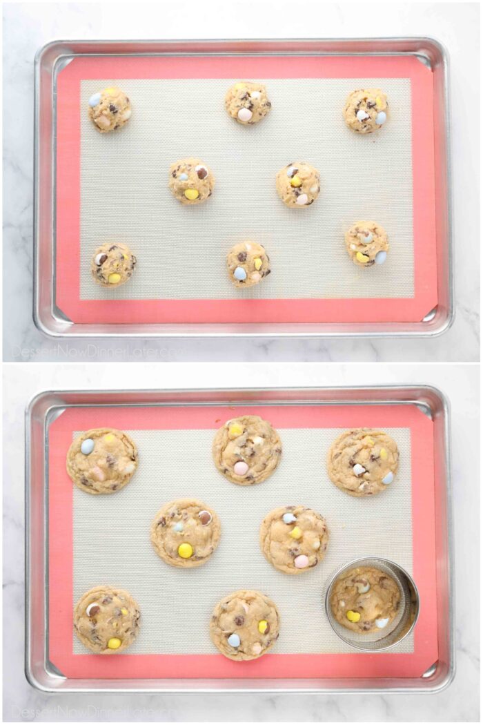 Before and after baking Cadbury egg Easter cookies.
