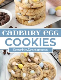 Pinterest collage of Cadbury Egg Cookies with two images and text in the center.