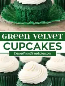 Pinterest collage of Green Velvet Cupcakes with two images and text in the center.