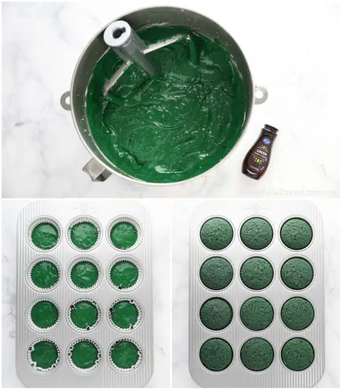 Green cake batter in bowl. Before and after baking green cupcakes in pan.