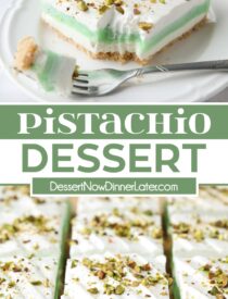 Pinterest collage of Pistachio Dessert with two images and text in the center.