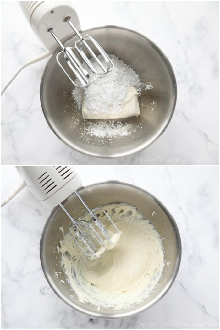 Before and after mixing cream cheese.