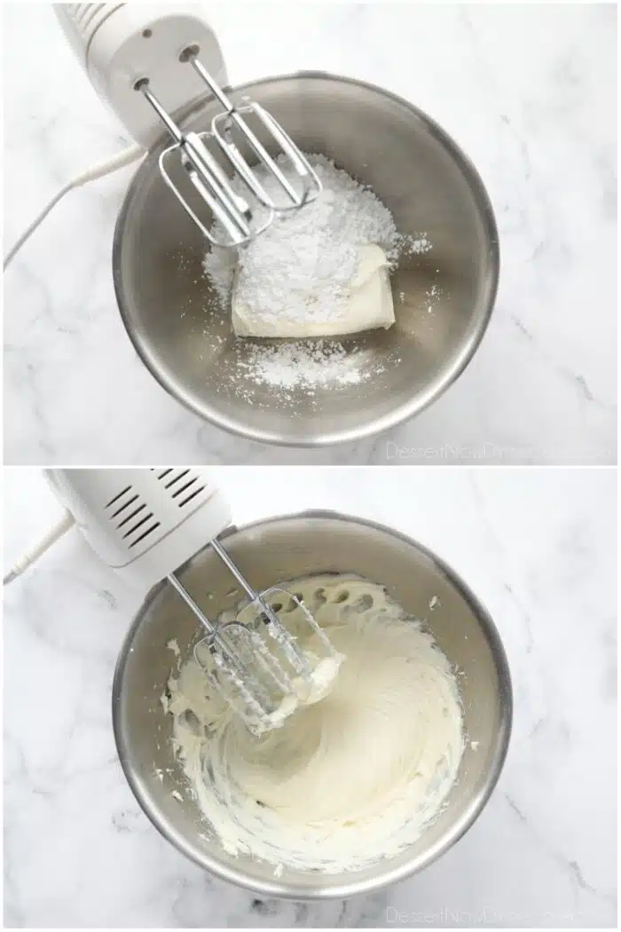 Before and after mixing cream cheese.