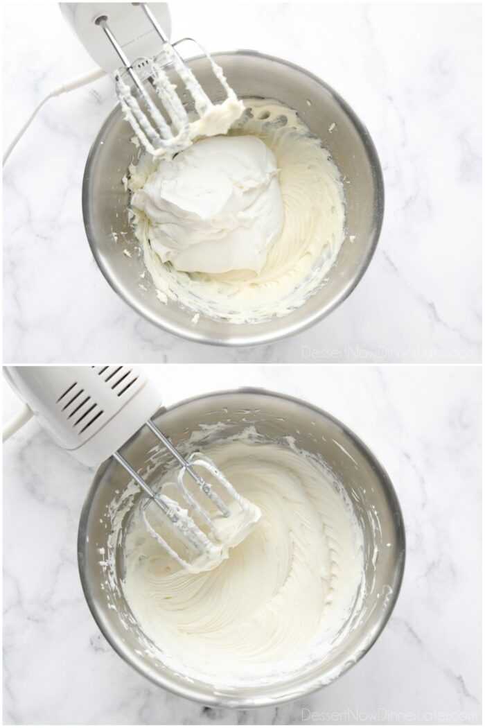 Adding whipped cream to cream cheese and mixing it together.