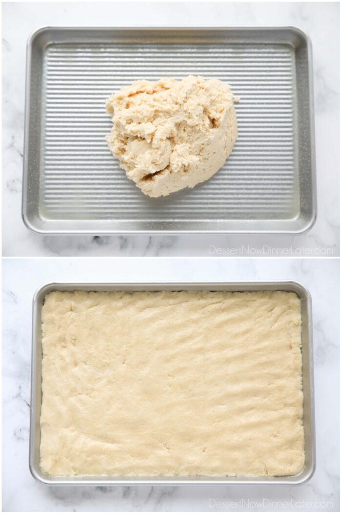 Sugar cookie dough being pressed into a 1/4 sheet pan (aka 9x13 pan).