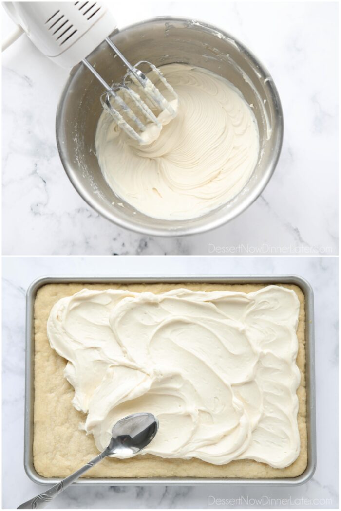 Cream cheese frosting being made and spread onto sugar cookie bars.