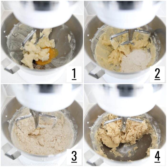Four image collage of steps to make shortbread cookie dough.