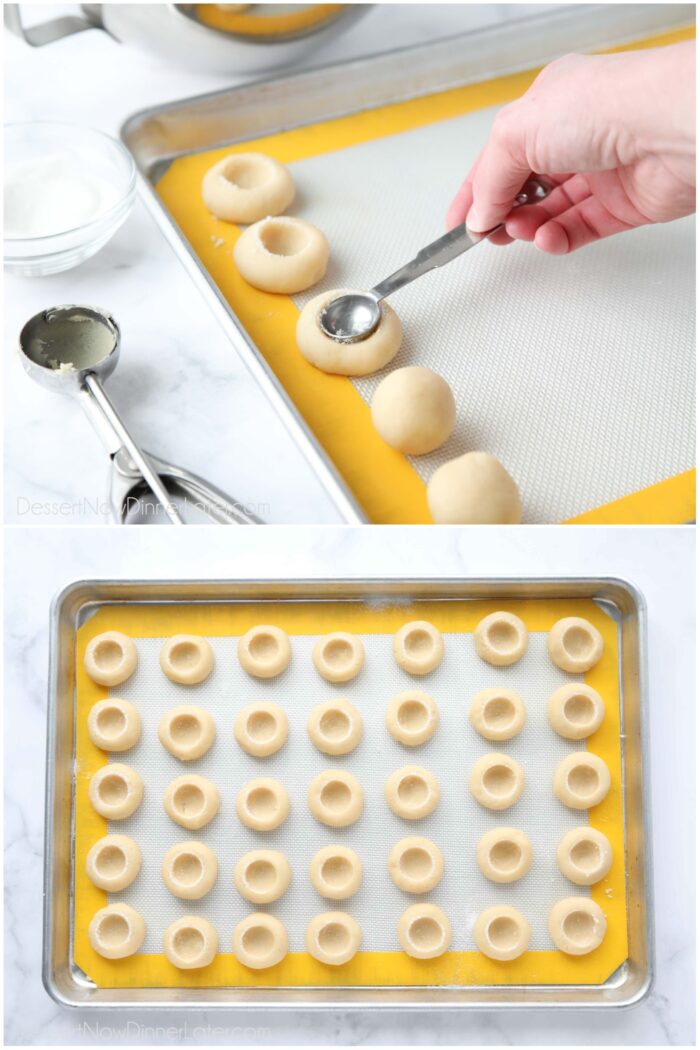 Two images. Pressing wells into the center of each cookie dough ball with a measuring spoon. And a whole tray of indented cookies ready to freeze.