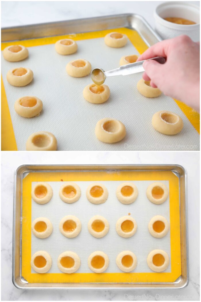 Two images. Filling the cookie dough wells with lemon curd. And baked cookies on a tray.