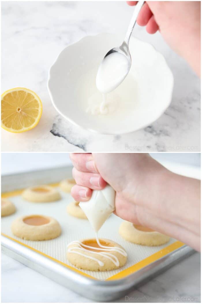 Two images. Glaze in a bowl drizzling from a spoon. And glaze being piped onto lemon curd cookies.