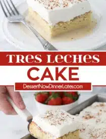 Pinterest collage of authentic Tres Leches Cake with two images and text in the center.