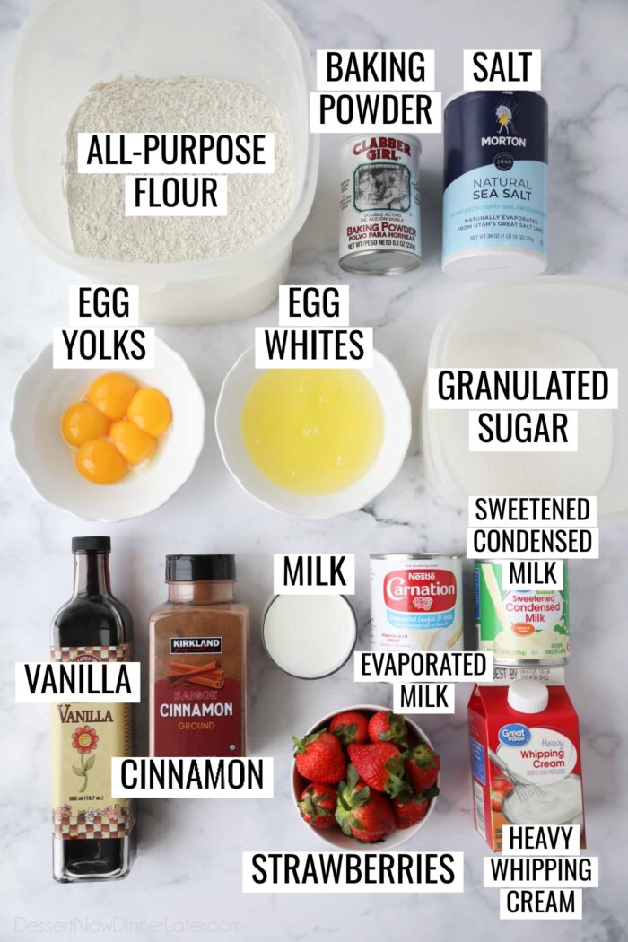 Labeled ingredients to make easy Tres Leches Cake.