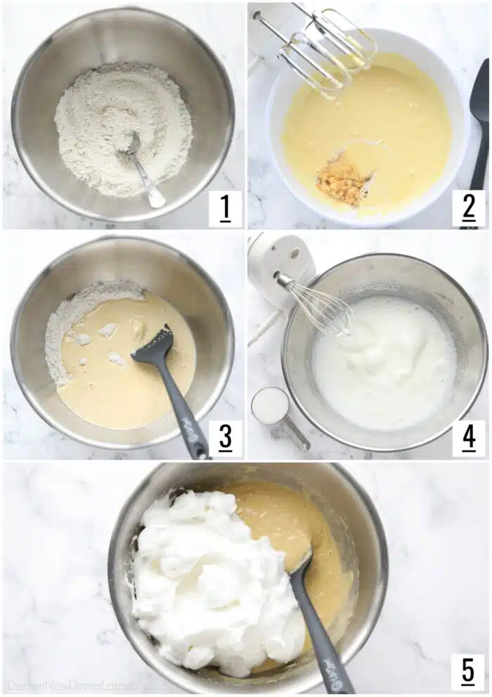 Five image collage of steps to make a sponge cake batter.