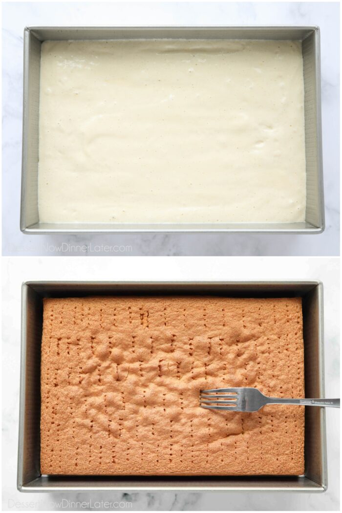 Two images. Before baking the sponge cake. Then piercing sponge cake with a fork after baking.