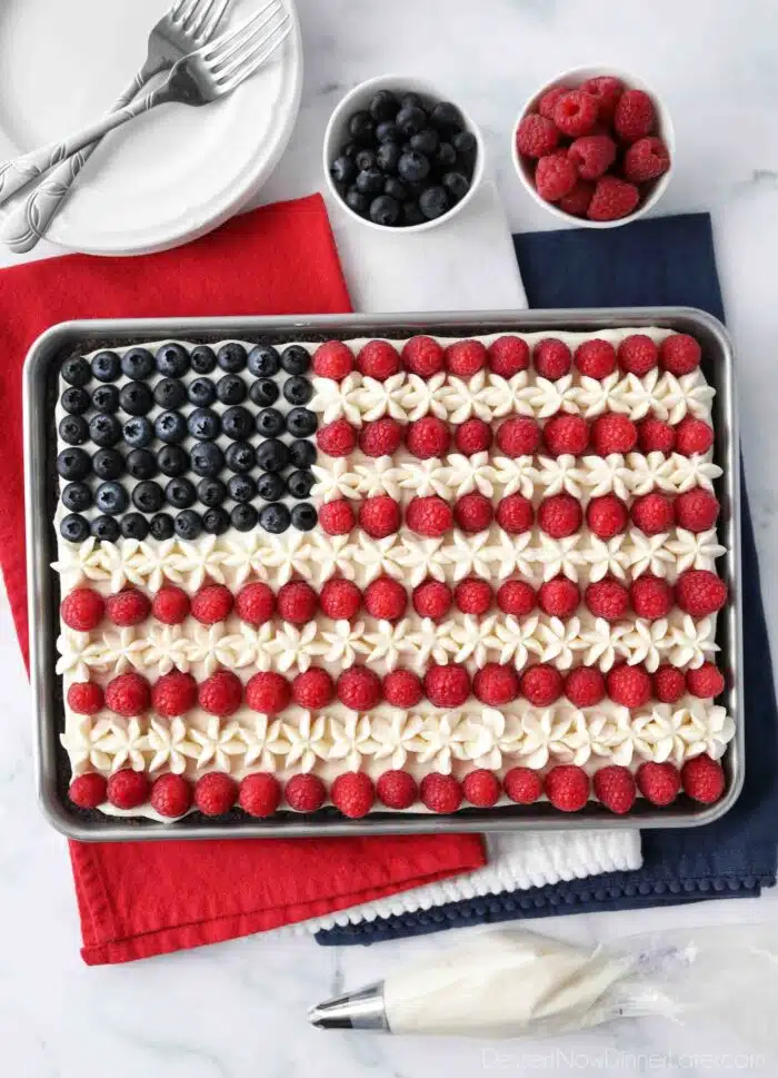 Top view of an American flag brownie 4th of July Fruit Pizza.