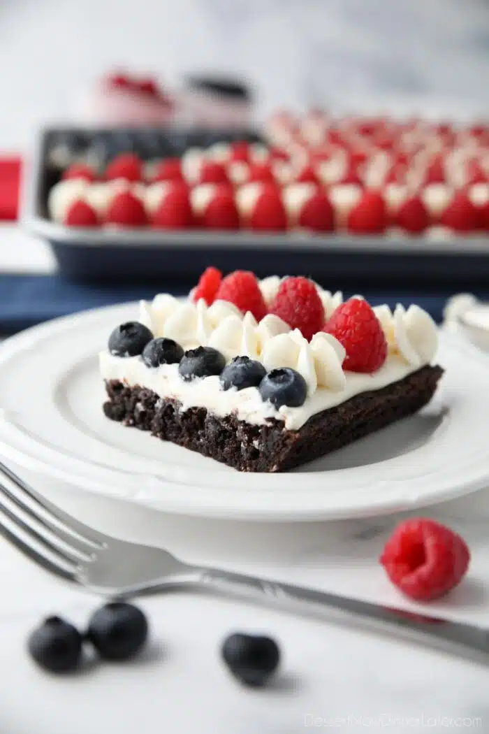 Slice of a 4th of July Fruit Pizza brownie on a plate.