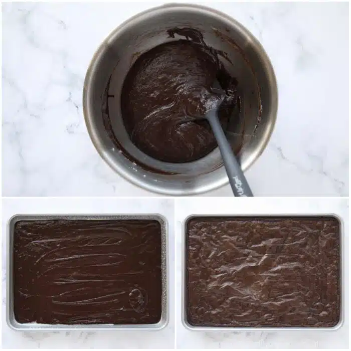 Steps to make a boxed brownie mix in a 9x13-inch pan or quarter sheet pan.