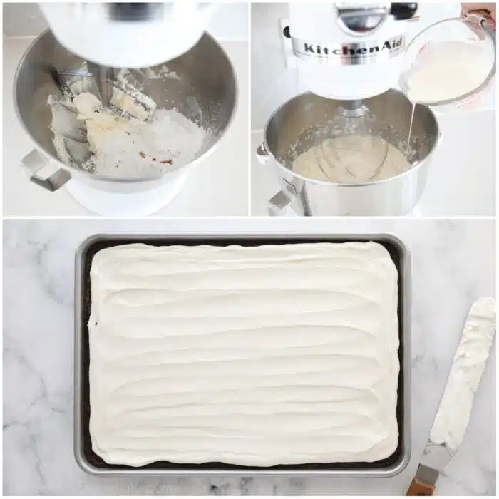 Steps to make whipped cream cheese frosting and spreading it over the baked brownies.