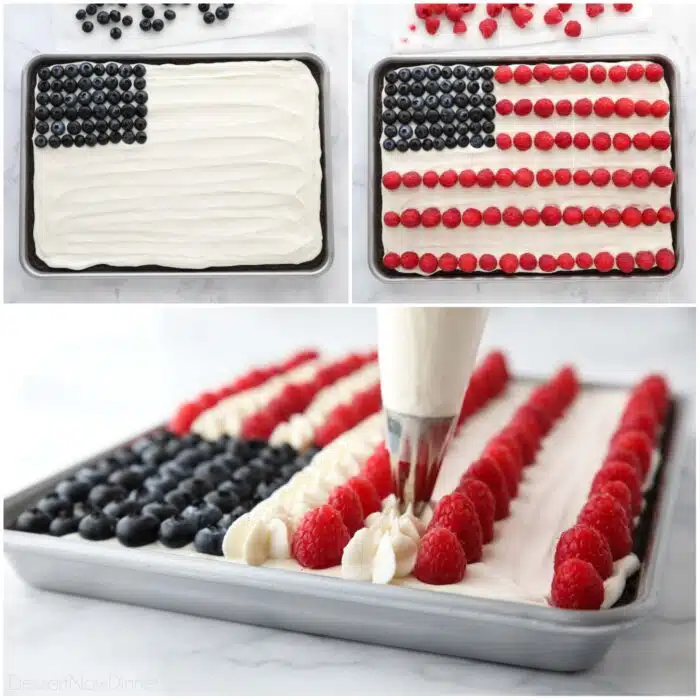 Steps to decorate the brownie into a 4th of July Fruit Pizza by using blueberries, raspberries, and whipped cream cheese frosting to look like the American flag.