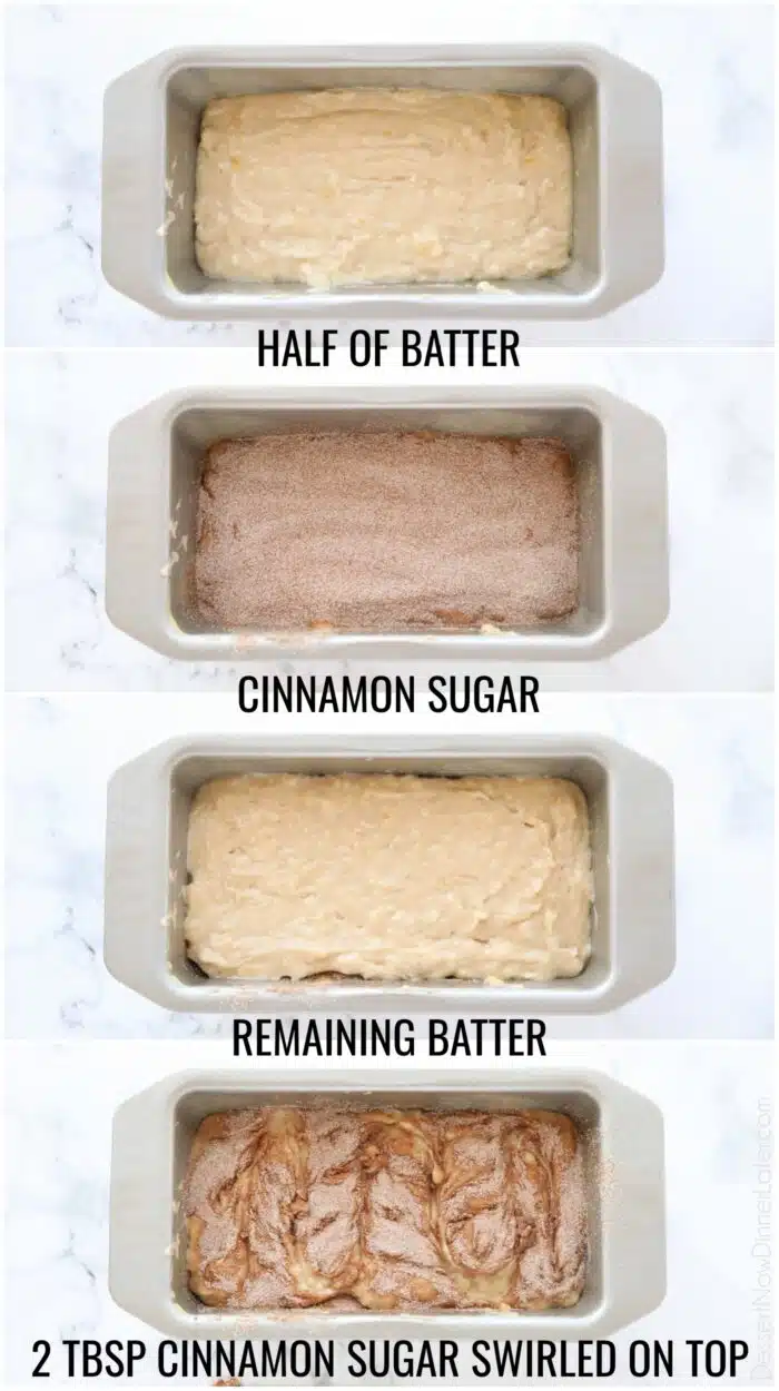 Steps to assemble cinnamon swirl banana bread.