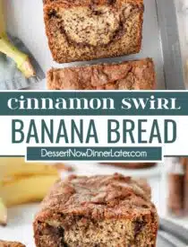 Pinterest collage of Cinnamon Swirl Banana Bread with two images and text in the center.