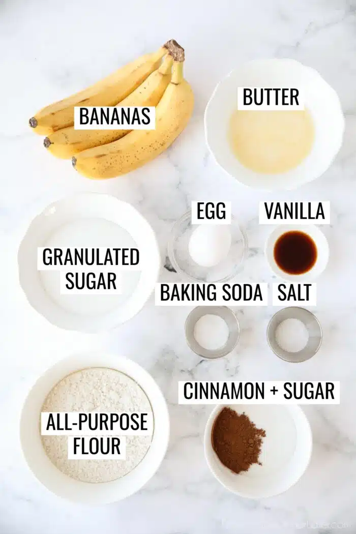 Labeled ingredients needed to make cinnamon swirl banana bread.