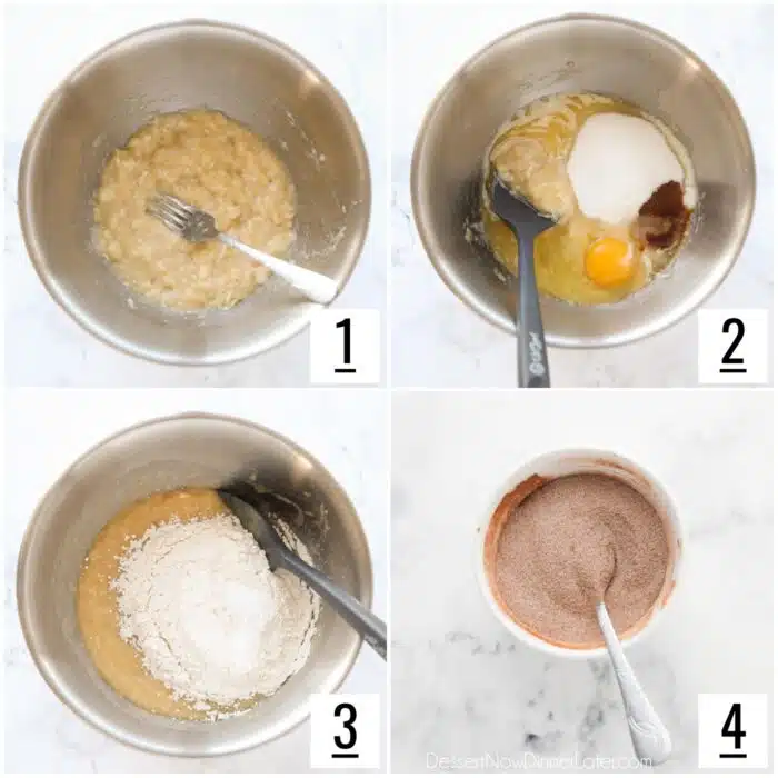 Steps to make banana bread and cinnamon-sugar.