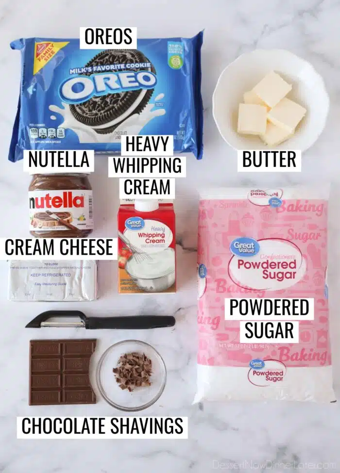 Labeled ingredients needed for No Bake Nutella Cheesecake Pie.